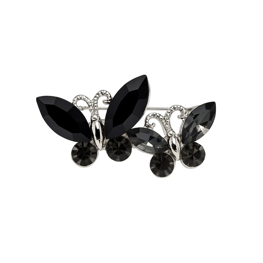Black Crystal Double Butterfly Brooch – Silver‎ Tone Rhinestone Pin